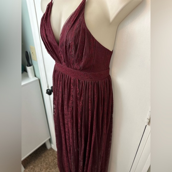 Burgundy Maxi Dress V-neck spaghetti straps pleated design with lace M #1525 - Picture 8 of 12